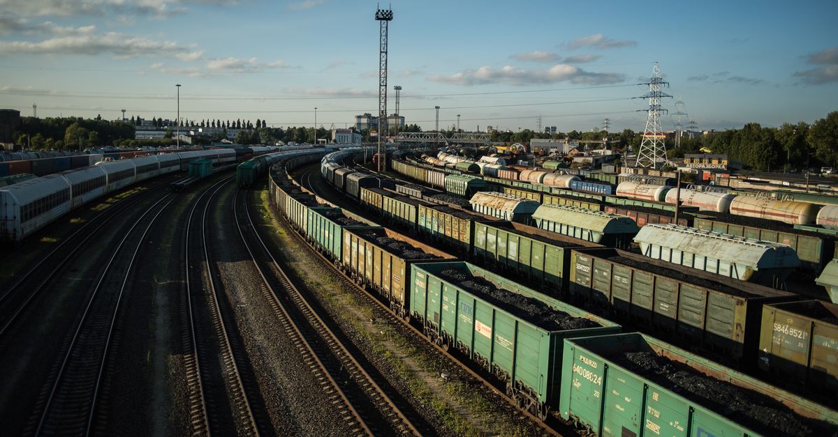 Industrial freight trains in Kaliningrad, showcasing logistics and transportation sector.